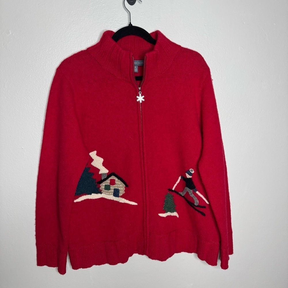 Northern Isles Vintage Zip Up Sweater Knitted Skiers Cabin Scene